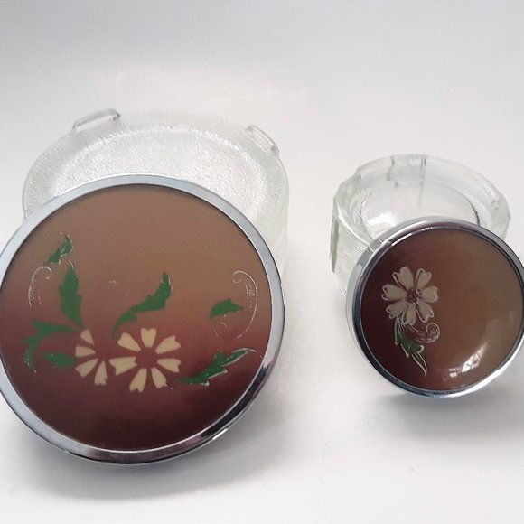 Antique VTG ART DECO Clear GLASS Vanity Powder Box Trinket Metal Lid Set of 2 - Picture 7 of 12